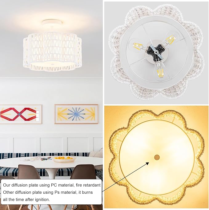 Tbaoinla✿ 13.8＂ Handwoven Rattan 3-Light | White Boho Flush Mount for Small Bedroom & Nursery, Midnight Blossom Woven Ceiling Light, Natural Fiber Bedroom Fixture, Low Profile Rattan Lighting