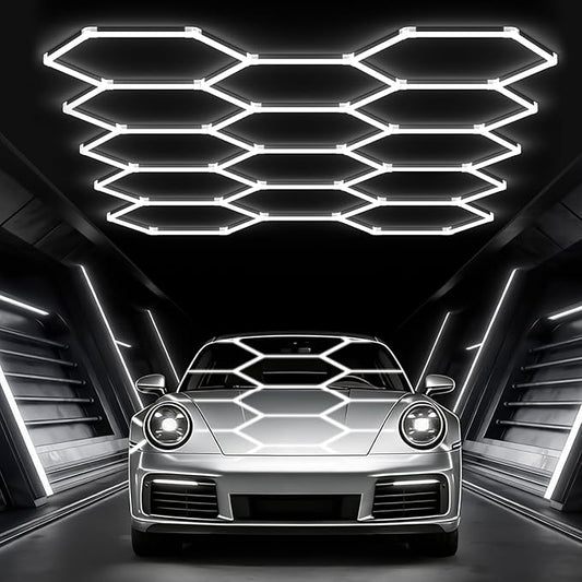 Glitgate Hexagon Garage Lights, 399W 43890LM, 14 Grid LED Shop Light, 6500K Daylight White Hex Lights for Garage, Gym, Basement, Workshop, Super Bright Ceiling LED Lights