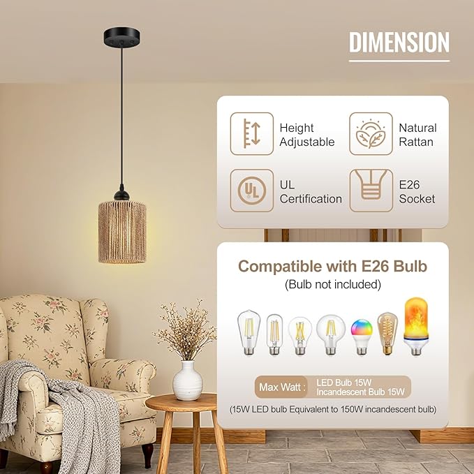 BoostArea Rattan Pendant Lights Kitchen Island, Farmhouse Chandelier with Handwoven Wicker Shade, Adjustable Height Boho Hanging Light for Kitchen Island/Dining Room/Bedroom/Hallway, 1 Pack, No Bulb