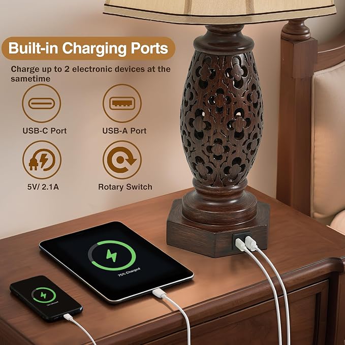 EJIAXIN Bedside Lamps Set of 2-23.5" Vintage Table Lamp with USB A+C and Nightlight - Brown Carved Resin Farmhouse Desk Lamp for Bedrooms, End Tables, Living Room, Bulbs Included