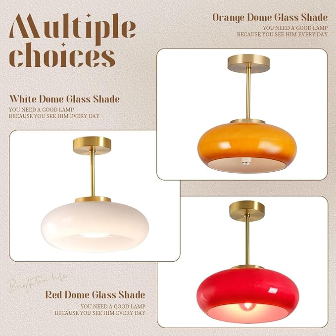 Gold Ceiling Light 1-Light White Glass Semi Flush Mount Ceiling Light Fixtures Mid Century Brass Flush Mount Lamp Milk Glass Shade Modern Close to Lamp for Hallway Bedroom Kitchen