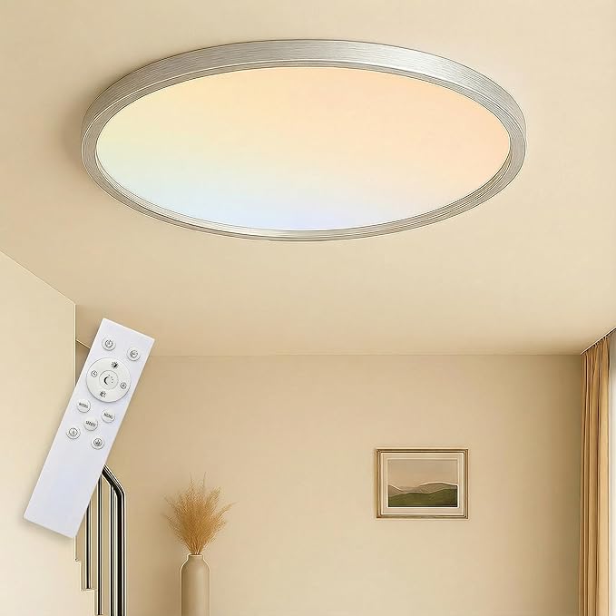 MOONSEA 16 Inch LED Flush Mount Ceiling Light, 36W Modern Round Ceiling Light with Remote Control, Dimmable 3000K-6500K Adjustable, Slim Flat Panel Lights for Kitchen Dining Room, Brushed Nickel