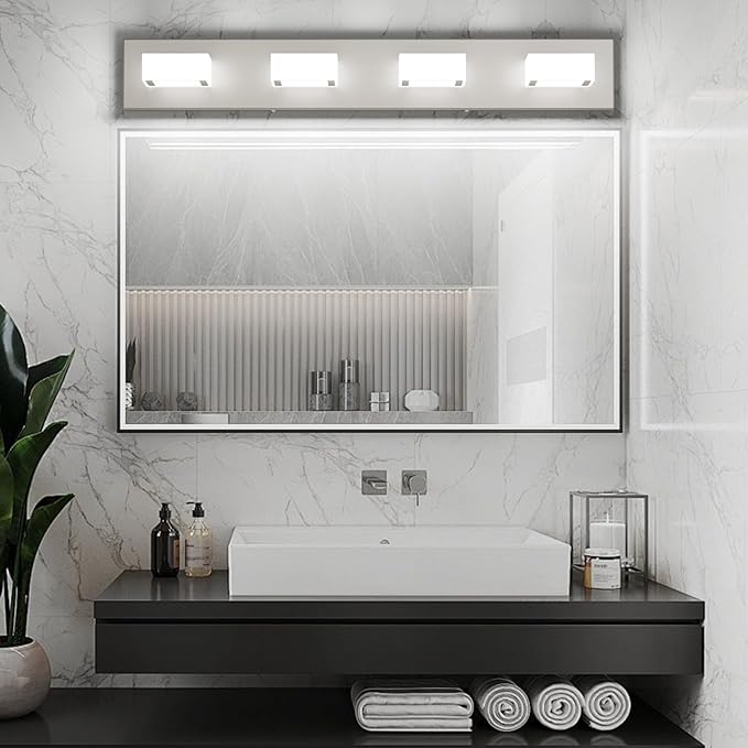 Ralbay Brushed Nickel Bathroom Vanity Lights 30inch Metal Acrylic LED Modern Bathroom Wall Lighting Fixtures Over Mirror Brushed Nickel (White Light 6000K, Non-dimmable)