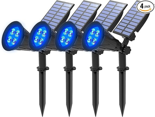 T-SUNUS Solar Landscape Spotlights Outdoor, Blue LED Solar Spot Lights Adjustable Panel, 2 Lighting Modes, Auto On/Off, IP65 Waterproof, 2-in-1 Ground & Wall Mount for Yard Garden Pathway 4 Pack