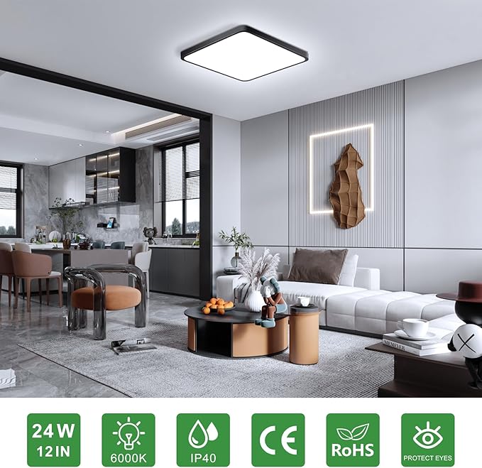 12Inch 24W Square LED Ceiling Light Fixtures Flush Mount, 6000K Cold White LED Ceiling Lamp, Surface Mount Modern Ceiling Lights, Black Slim Flat Panel Lighting for Bedroom, Kitchen, Bathroom Etc