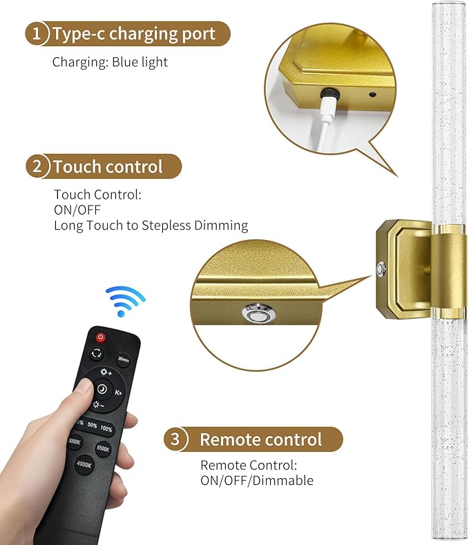 HISTAR Battery Operated Wall Sconce, 10000mah Rechargeable Gold Crystal Wall Sconce, 3 Colors 360° Rotate Wireless Wall Scone Decor for Bathroom Bedside Hallway Picture, 20.5 Inch