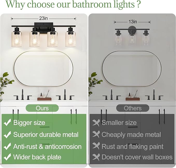 Indoi 4-Light Bathroom Light Fixtures, Matte Black Modern Vanity Lights with Clear Glass Shades, Bathroom Wall Lamp for Mirror Living Room Cabinet Bedroom Porch