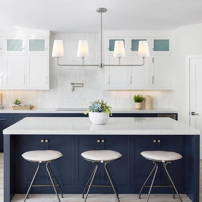 Brushed Nickel Chandelier for Kitchen Island 4-Light Linear Chandeliers for Dining Room Modern Farmhouse Classic Light Fixture with White Linen Shades Over Dining Table