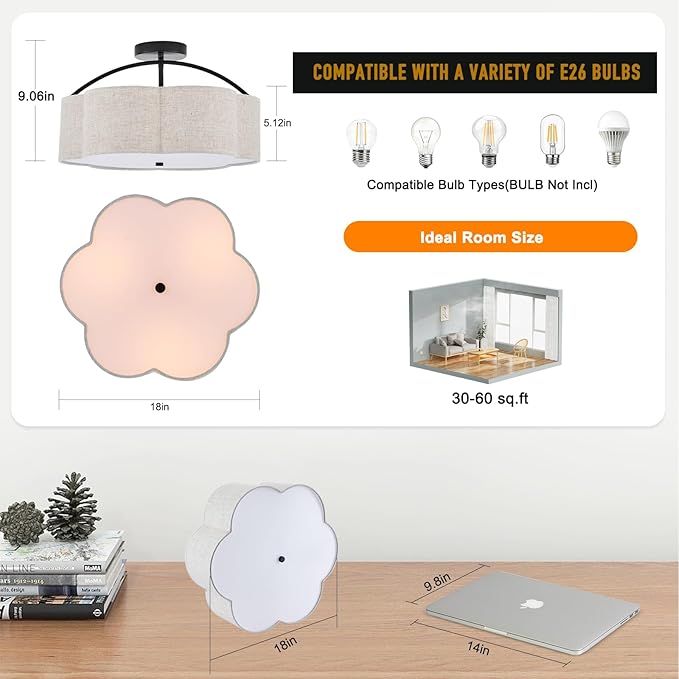 18" Semi Flush Mount Ceiling Light Modern 3-Lights Black Drum Ceiling Light Fixture with Fabric Linen Shade, Vintage Modern Ceiling Lighting for Laundry Room, Kitchen, Basement, Bedroom