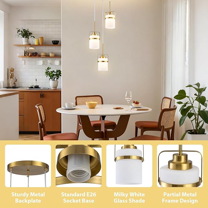 Brass 3-Light Pendant Lighting, Adjustable Cluster Hanging Light Fixture with Milk Glass Shade, Modern Pendant Light for Kitchen Island Dining Room Bar