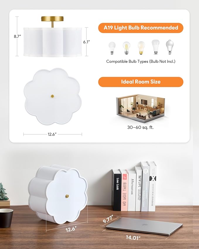 VONLUCE Semi Flush Mount Ceiling Light, 12.6" Ceiling Light Fixture with Flower-Shaped Fabric Shade, 3-Light Modern Light Fixture for Bedroom Living Room Nursery Hallway, White Shade & Gold Finish