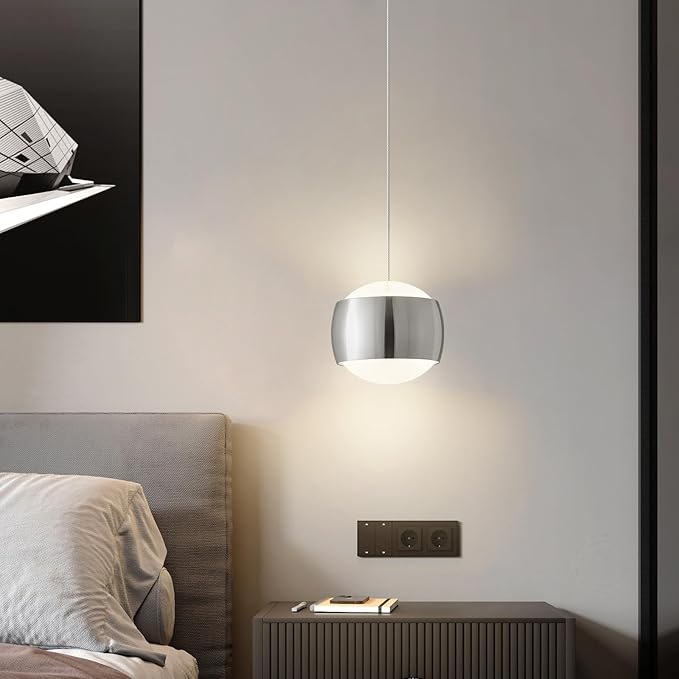 Modern Chrome LED Dimmable Pendant Light fixtures,6″ Island Pendant Lighting for Kitchen Island Dinning Room,Bedroom,Bar, Kitchen Island Ceiling Hanging Light Fixtures(Chrome-1-Pack)