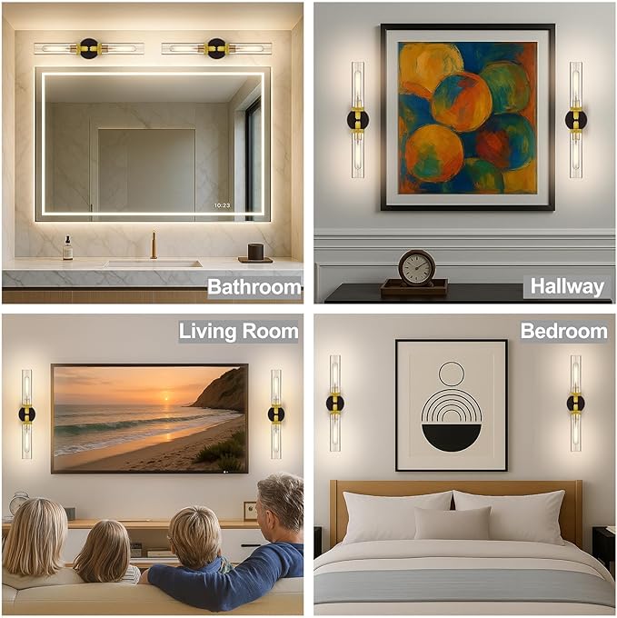 LaLuLa 2-Pack Black and Gold Bathroom Vanity Light Fixtures – Modern 2-Light Wall Sconces with Knurled Texture and Clear Glass Shades, Bathroom Lighting Fixtures Over Mirror, 25 Inch