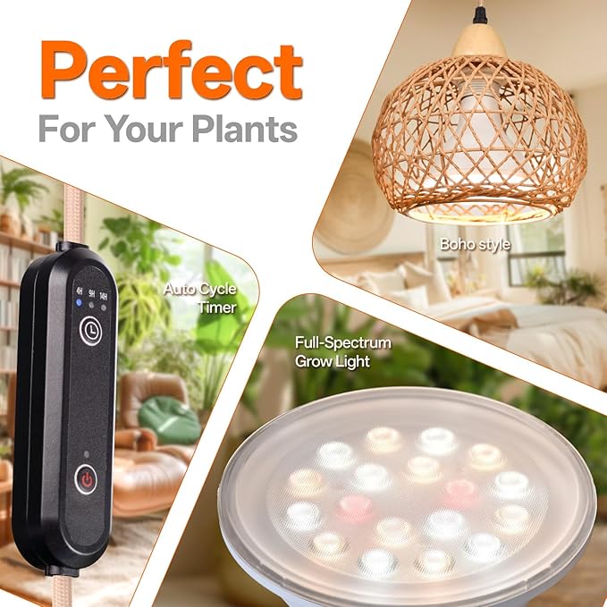 Bstrip Hanging Grow Lights for Indoor Plants, 18W Full Spectrum Plant Light with 4H/9H/14H Timer 15.9 FT Power Cord & Boho Rattan Shade, 3800K Hanging Lights for Indoor Plant, Tall Plant, Flowers