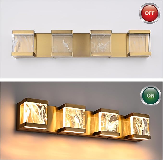 MELUCEE 4 Lights LED Bathroom Vanity Light with Unique Smoke Acrylic Panel, Modern Brass Vanity Light Bar Bathroom Light Fixtures Wall Sconce for Bath Powder Room Entryway, 20W 3000K Warm Lighting