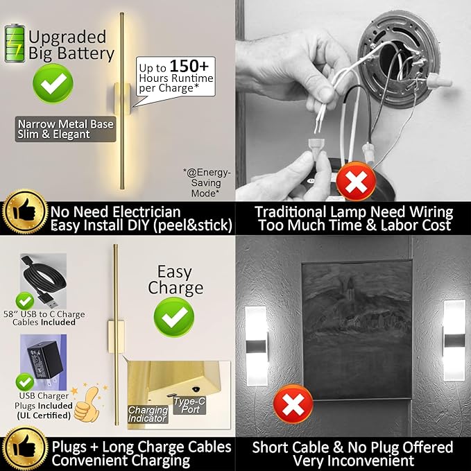 Set of 2 Battery Powered Linear Tube Rechargeable Gold Wall Sconce, Modern Decor Peel and Stick on Cordless Wall Sconces Picture Vanity Light for Living Dinning Room, Bathroom (2 Pack, 28.3'', Gold)