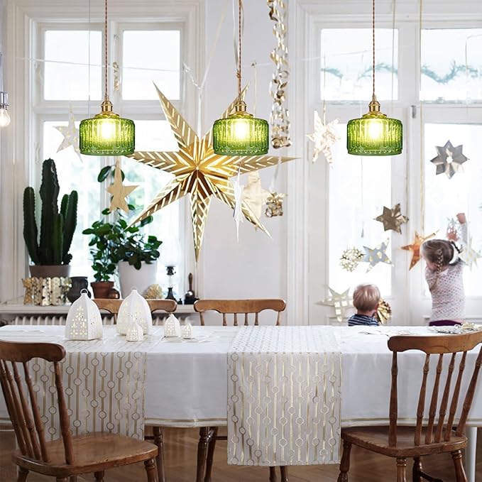 Single Glass Pendant Light Green Striped Glass Shade Brushed Brass Gold Pendant Lights Fixture Farmhouse 1-Light Vintage Industrial Ceiling Hanging Light for Dining Room Kitchen Island