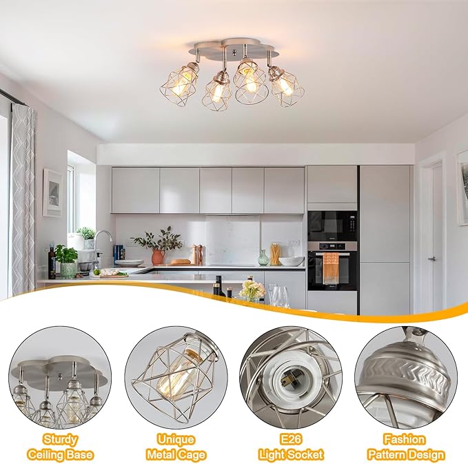 Kitchen Light Fixtures Ceiling Mount, Adjustable Semi Flush Mount Ceiling Light, Multi-Directional Lamp for Kitchen, Hallway, Dining Room, Farmhouse with E26 Base (Brushed Nickel 4-Light)