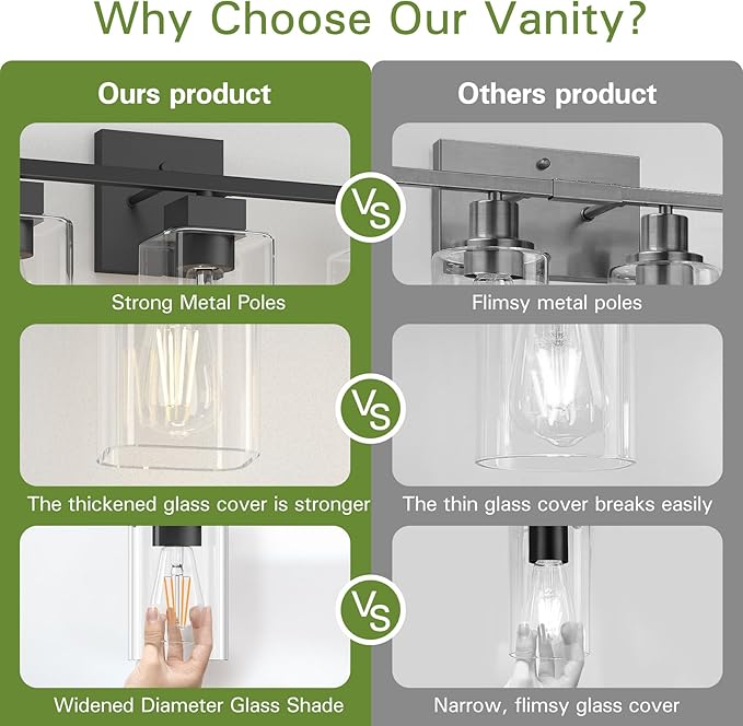 Espird Matte Black Bathroom Vanity Light, 3-Light Vanity Lighting fixtures Over Mirror, Square Design & UL Certification, Wall Sconces with Clear Glass Shades, E26 Socket (Bulbs Not Included)