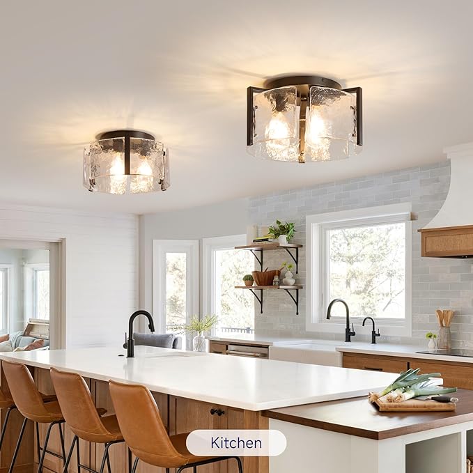 Black Semi Flush Mount Ceiling Light,3 Bulb Drum Glass Ceiling Light Fixture Mid Century Modern Bedroom Lighting Vintage Lighting for Kitchen Living,Dining Room Hallway Foyer Entryway Bathroom Laundry