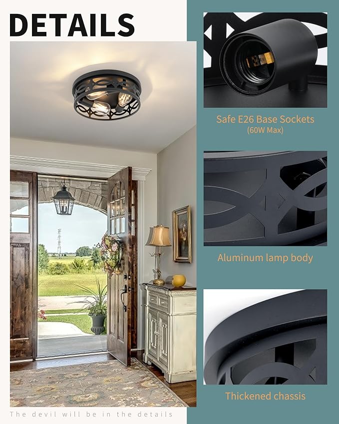 Black Flush Mount Ceiling Light Fixtures,3-Light Modern Hallway Light Fixtures, 13 inch Light Fixture Ceiling Mount for Kitchen, Farmhouse,Bedroom 2 Pack