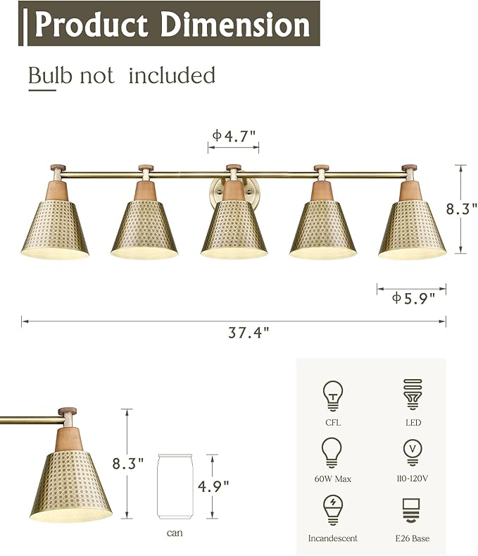 FEMILA Bathroom Light Fixtures, Modern Bathroom Vanity Light with Hammered Metal Shade, Sconces Wall Lighting for Mirror Kitchen Bedroom, Gold, 37"