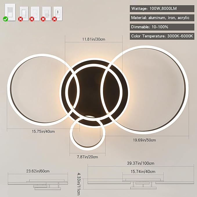 O'NEELDY Flush Mount Modern Ceiling Light Black Led Modern Light Fixtures Ceiling Mount Lights 4 Rings Led Chandelier Lamp Fixture with Remote for Living Room Kitchen Dining Room Bedroom