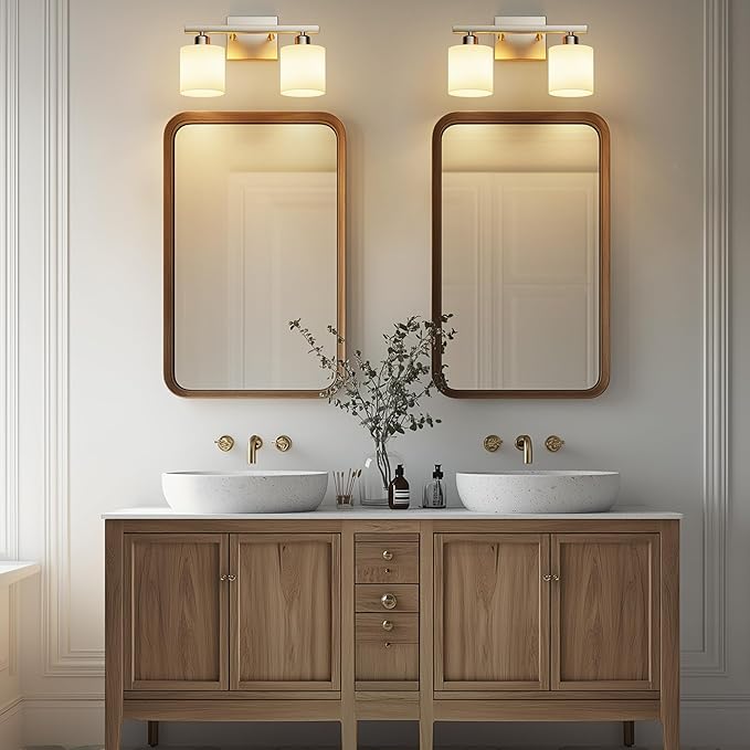 PARTPHONER Bathroom Light Fixtures, Bathroom Lighting Fixtures Over Mirror, Classic Vanity Lights, Modern Vanity Light with Textured Frosted Opal White Glass Shades, Brushed Nickel, 2-Light