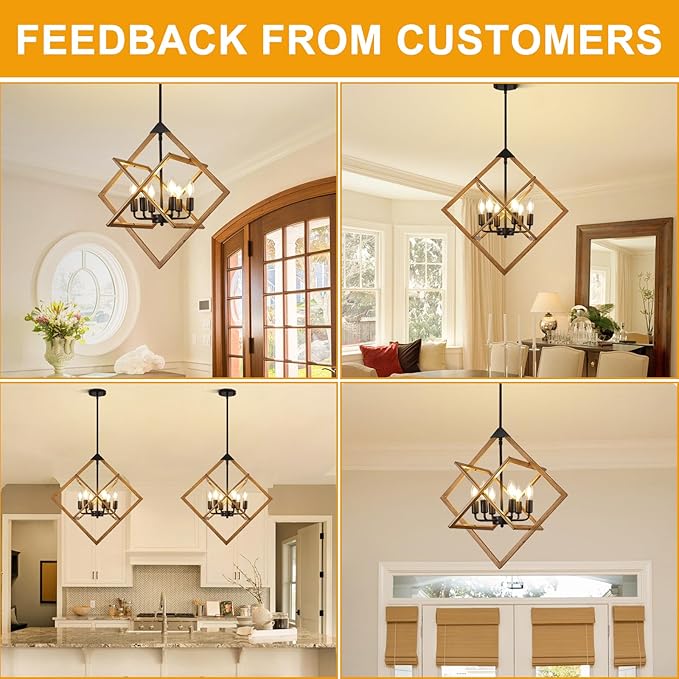 24" Modern Pendant Lights Kitchen Island, 6-Light Black + Wood Grain Farmhouse Pendant Light Fixtures, Industrial Hanging Pendant Lights Fixture for Kitchen Island Dining Room Hallway Foyer Entryway