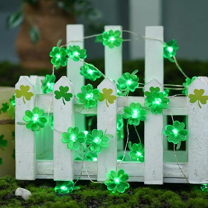 BOHON St Patricks Day Decorations Shamrocks String Lights 13 ft 40 LEDs | Battery Operated Lucky Clover Green Lights for St Patrick's Day Accessories Office the Home Saint St. Patrick's Day Decor