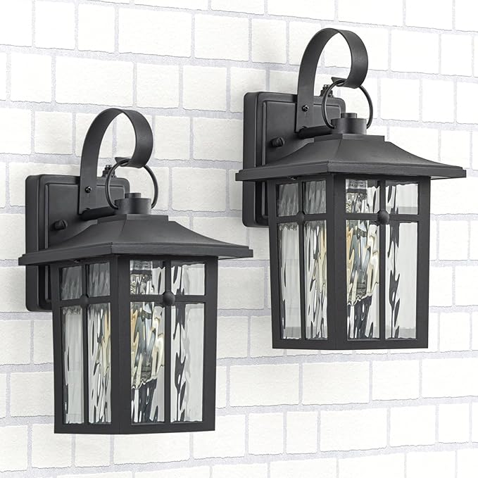 2 Pack Dusk to Dawn Outdoor Wall Lights, Aluminum Exterior Light Fixtures Wall Mount with Ripple Glass, Waterproof Black Porch Lights, Outside Wall Lantern for Entryway, Garage, Patio