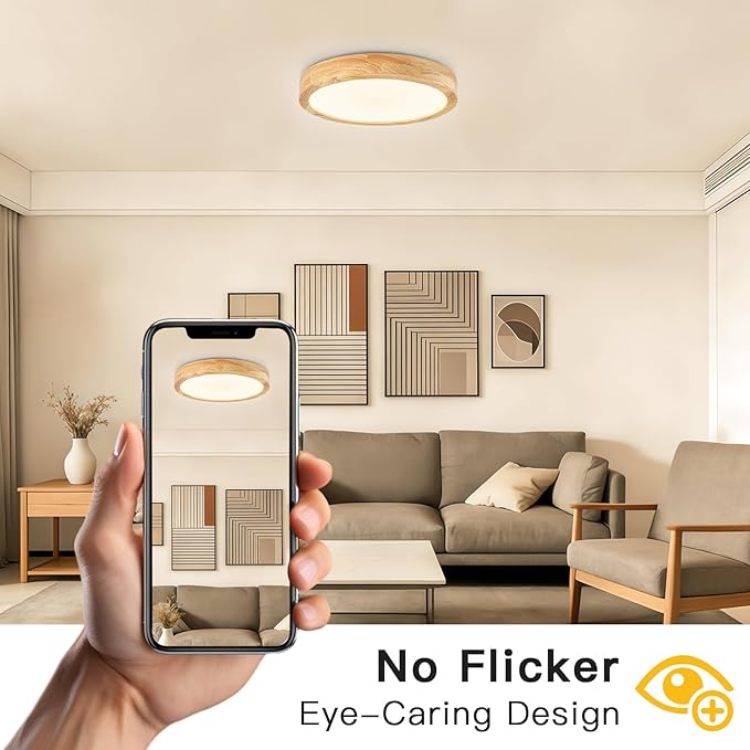Modern Flush Mount Ceiling Light, LED Ceiling Light for Bedroom, Wood Light Fixture Warm White 3000K Not Dimmable, Round Flat Ceiling Lamp for Hallway, Kid's Room, Living Room, (Wood, 11.8")
