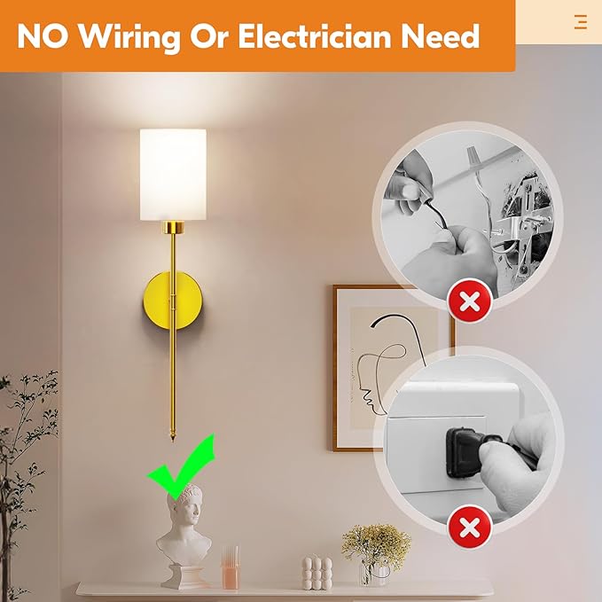 NIORSUN 24 inch Battery Operated Wall Sconce Set of 2, Gold Wireless Rechargeable Wall Lights with 5200mAh Dimmable Detachable Bulbs and Remote, 9 Colors Sconces Wall Decor for Bedroom Living Room