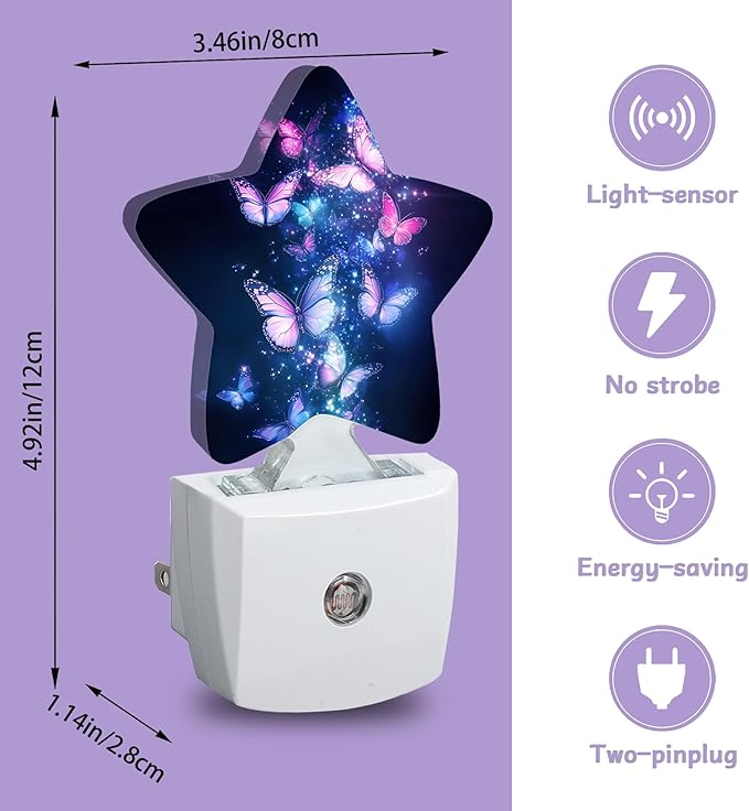 Flying Butterflies Night Lights Plug Into Wall,Glowing Stars Dusk to Dawn Light Sensor Night Light for Kids,Energy Efficient Sleep Friendly Lamp for Bedroom Bathroom Nursery