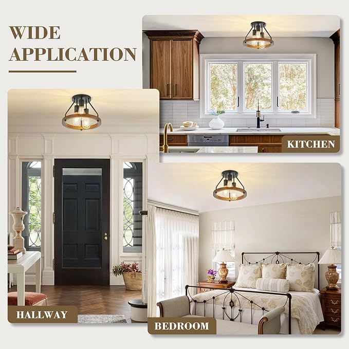 Retro Industrial Flush Mount Ceiling Light Fixture with Wood Circle Shade 3-Light Rustic Black Ceiling Light for Hallyway Entryway Bedroom Kitchen Sink