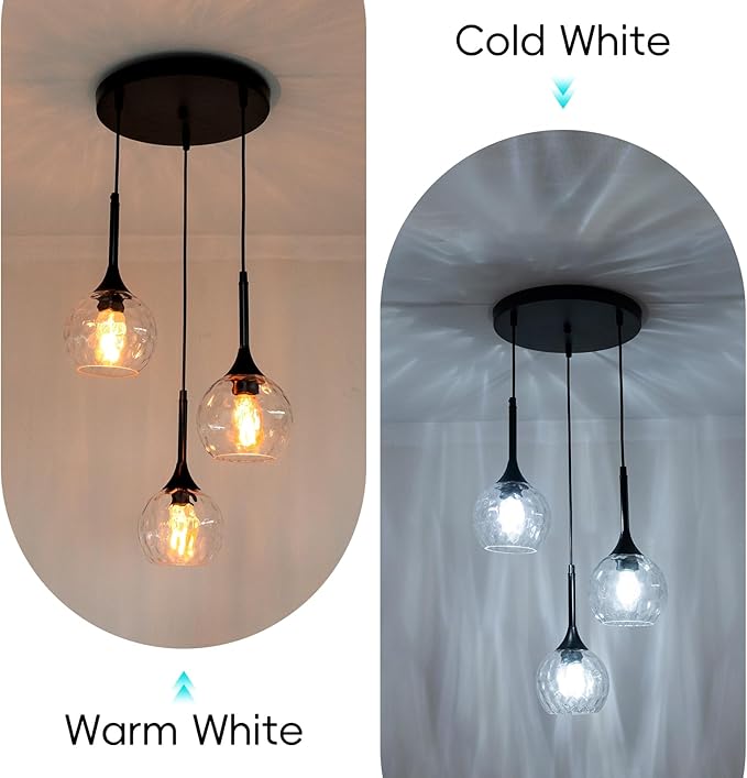 JHLBYL Glass Pendant Lights Kitchen Island: 5.91'' 3-Light Hammered Glass Pendant Light with Black Finish - Modern Minimalist Hanging Light Fixture for Kitchen Sink Dining Room - E26 Base