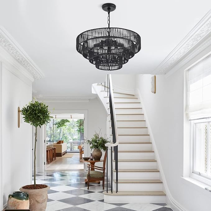 20” Hand-Woven Rattan Chandelier 6-Lights Transitional Minimalist 4 Round Boho Large Pendant Light for Kitchen Island Dining Room Living Room Hallway, Matte Black, UL Listed
