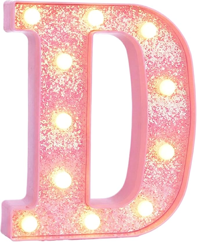 Pink Marquee Light Up Letters, Glitter Alphabet LED Letter Lights for Pink Birthday Party Decorations, Battery Operated Letter Sign for Girls Room Vanity Table Decor, Warm White Lights Letter D
