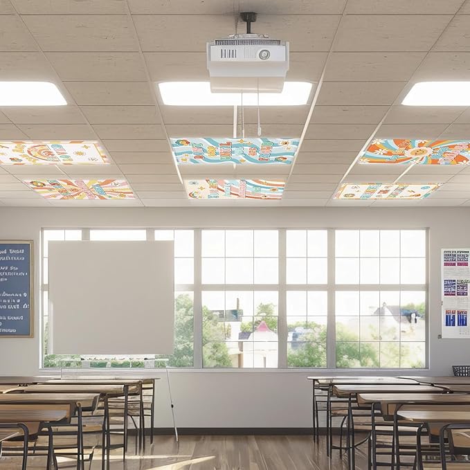 Wiooffen 6 Pcs Fluorescent Light Covers with 60 Magnets Decorative for Classroom Ceiling Lights 4 x 2 Feet Magnetic Light Cover Filter Easy Install for Office Hospital Home Ceiling Supplies (Hippie)