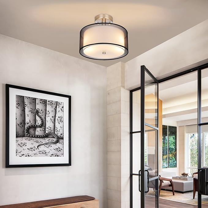 FOLKSMATE Semi Flush Mount Ceiling Light Fixture, 3-Light Drum Light with Double Fabric Shade, Modern Black Close to Ceiling Lighting for Living Room, Bedroom, Dining Room, Kitchen, Hallway, Entry
