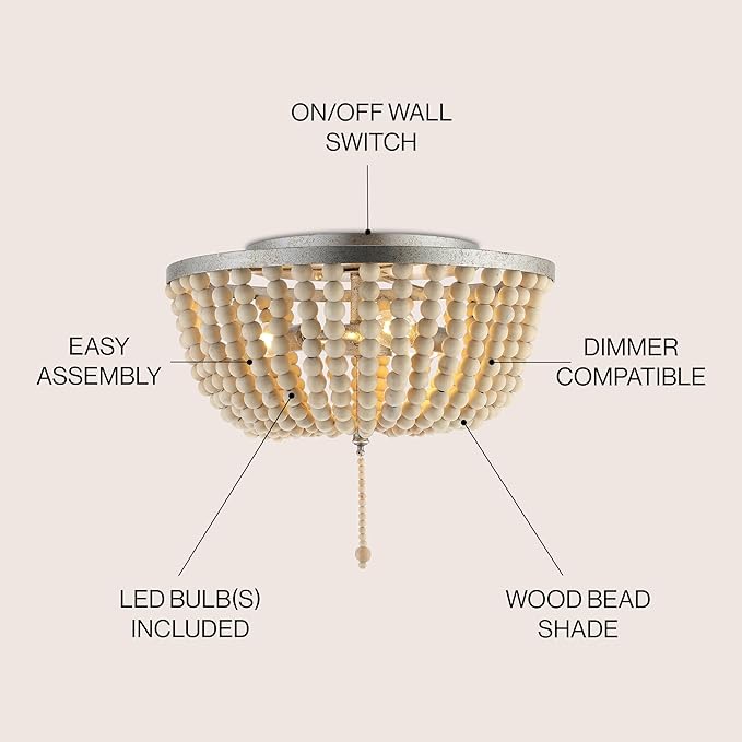 JONATHAN Y 15" Antique Silver/Cream Allison 3-Light LED Flush Mount Ceiling Light for Bedroom, Wood Beaded Shade Shabby Chic Farmhouse Rustic Decor, LED Bulbs Included (JYL9019C)