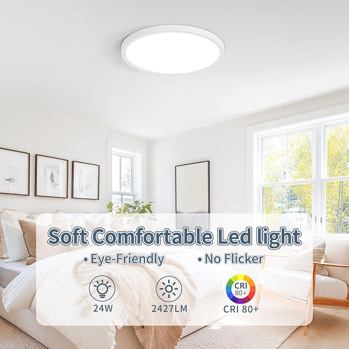 11.4 Inch 6PK LED Flush Mount Ceiling Light, ETL ,24W, 2427LM, 3000K/3500K/4000K/5000K/6500K CCT Selectable, 0.66in Ultra Thin Round Flat Panel Ceiling Light Fixture for Bedroom, Kitchen, (White)