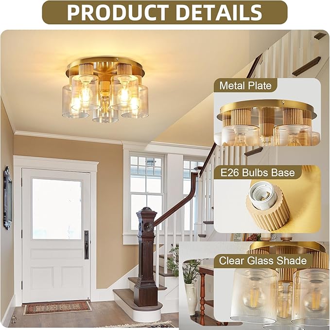 5-Lights Semi Flush Mount Ceiling Light Kitchen Lighting Fixtures Ceiling Gold Solid Wood Kitchen Cieling Light Fixtures with Clear Glass Shade for Dining Room Entryway Foyer Hallway