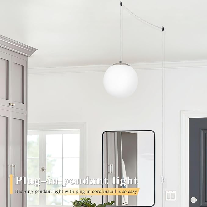 KoKo&Yukina 8" Globe Pendant Light Nickel Plug in Pendant Light Adjustable Hanging Lights with Plug in Cord Nickel Finished with Milk Glass Lampshade for Bedroom Kitchen Island (Bulb Included)