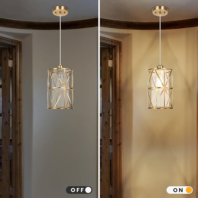Brushed Gold Pendant Light, 7"×10" Dual-Shade Kitchen Island Lighting with Clear Glass Shade, E26 Adjustable Height 1"-61", UL Listed, for Dining Room Foyer Entryway — Bulbs Not Included