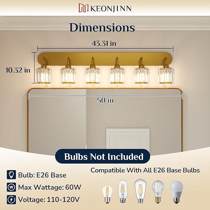 Keonjinn 6-Light Bathroom Light Fixtures, Crystal Gold Bathroom Vanity Lights Over Mirror, Vanity Lighting Fixtures with Crystal Square Shades (E26 Socket, Exclude Bulb)