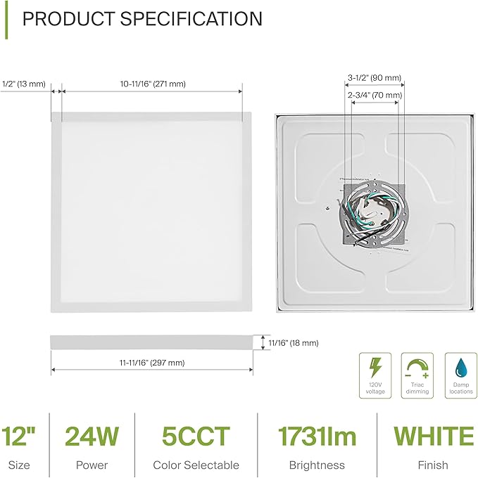 ASD LED 12" Square Flush Mount Ceiling Light Fixture, Low Profile Surface Lighting | 5CCT, Dimmable, Ultra-Thin, ETL Listed | 24W 1700LM 2700-6000K 120V | Kitchen, Hallway Lamp | White, 4 Pack