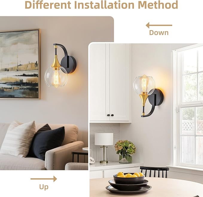 Indoor Wall Sconce, Black and Gold Wall Light Fixture with 4.9 Inches Clear Glass Shade, Bathroom Vanity Lights for Mirror, Bedroom, Hallway