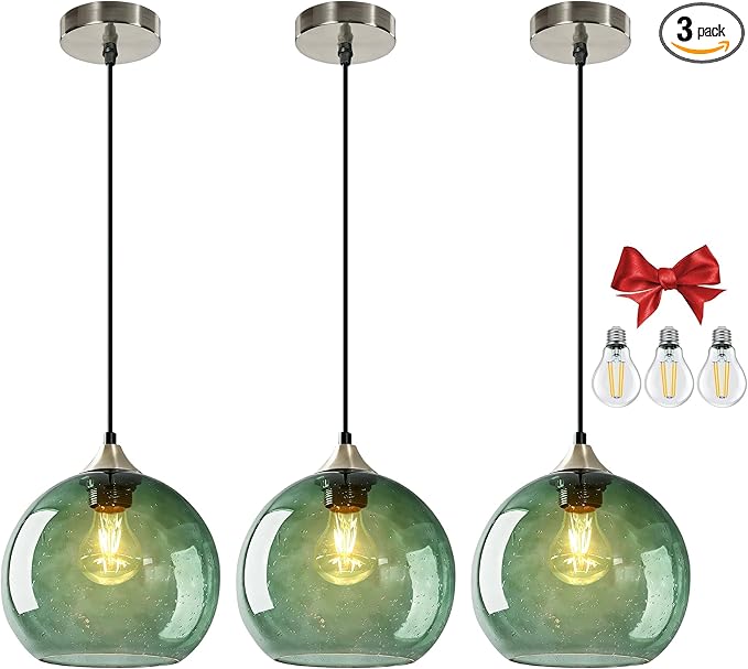 9.1in Large Green Glass Pendant Light for Kitchen Island, 3-Pack with Extra LED Bulbs & 4.92ft Adjustable Cord | Modern Minimalist Lighting for Dining Room, Living Room, Entryway