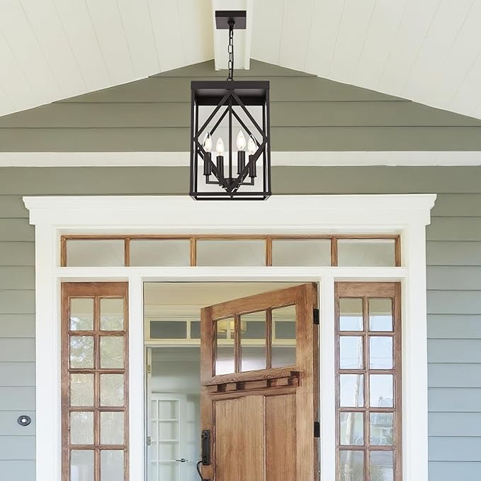 15.7'' Outdoor Pendant Lighting Fixtures 4-Light Outdoor Chandelier Oil Rubbed Bronze Exterior Hanging Porch Light Fixtures w/Glass Shade Outside Pendant Lantern for Front Porch Balcony Foyer